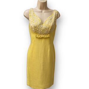 Vintage Mr. Frank New York 1960s Yellow Dress w/ White Beaded Bodice 34 Bust